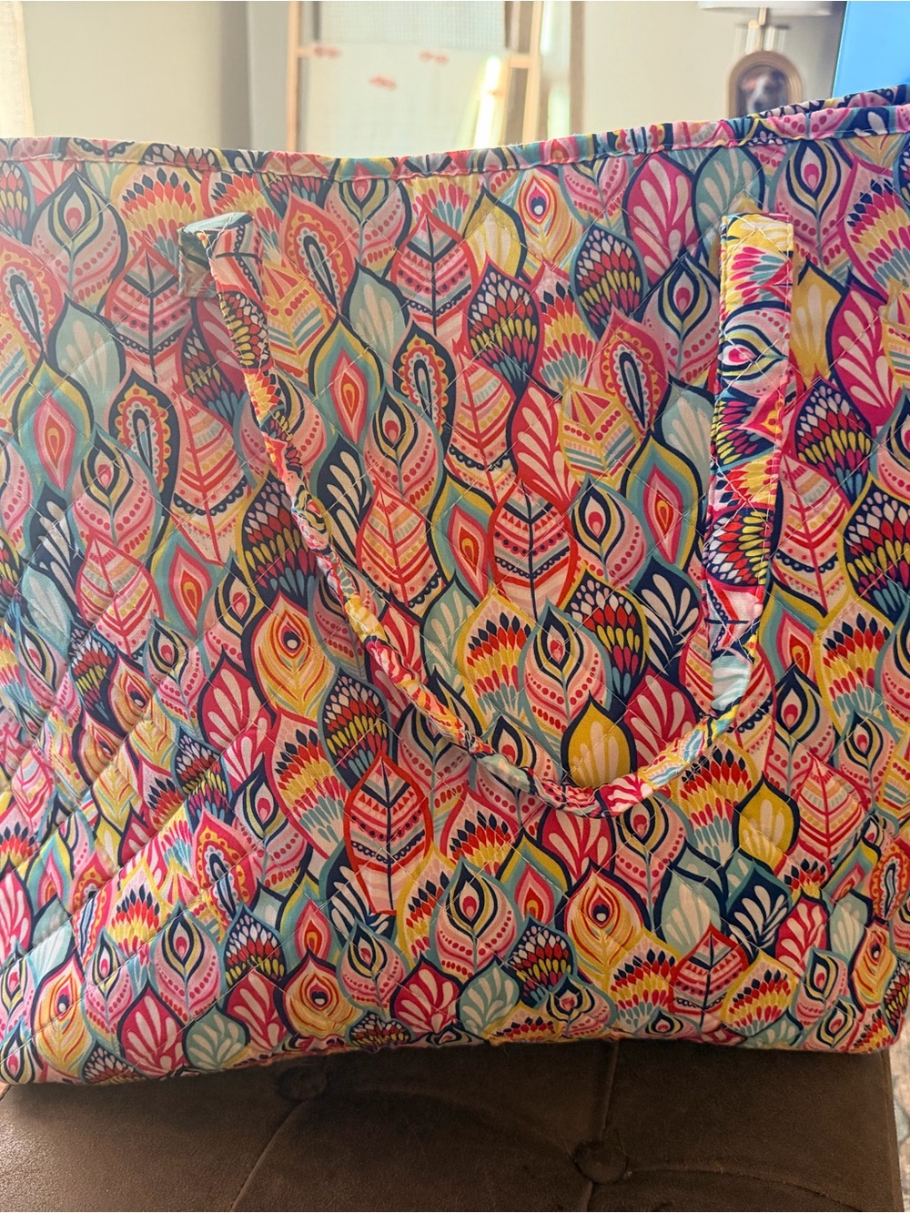 Multicolor Feather-Print Quilted Tote Bag